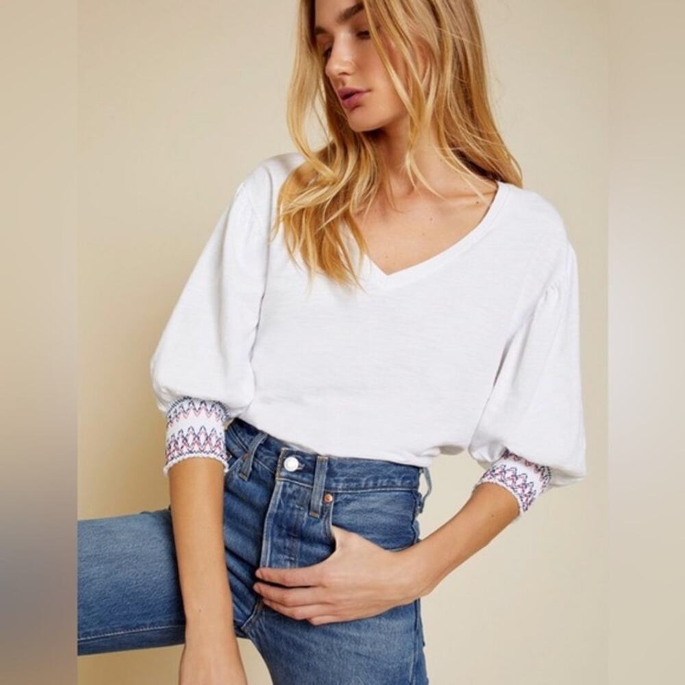 Nation LTD 100% Cotton Puff Sleeve V-Neck 3/4 Blouse Tee Shirt White Medium